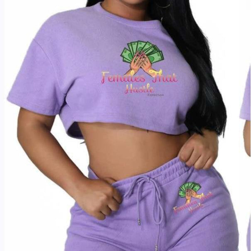 Women Clothing Casual Solid Color Jogger Biker Short Set Crop Top Two Piece Sets